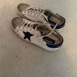 Golden Goose White Sneakers with Black Star and Blue Heel